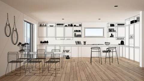 Empty white interior with parquet floor and big panoramic window, custom arch Stock Illustration