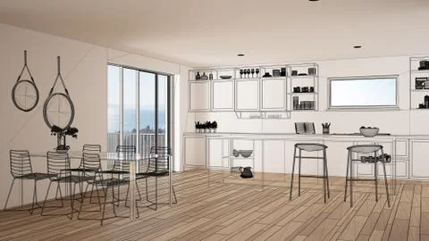 Empty white interior with parquet floor and big panoramic window, custom arch Stock Illustration
