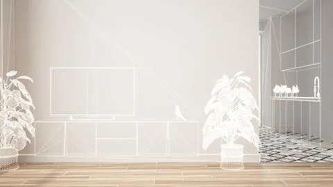 Empty white interior with parquet floor and ceramic tiles, custom architectur Stock Illustration
