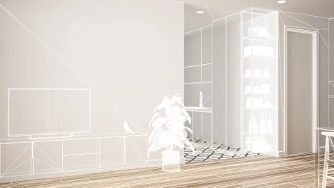 Empty white interior with parquet floor and ceramic tiles, custom architectur Illustrazione stock