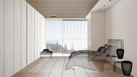 Empty white interior with parquet floor and big panoramic window, custom arch Stock Illustration