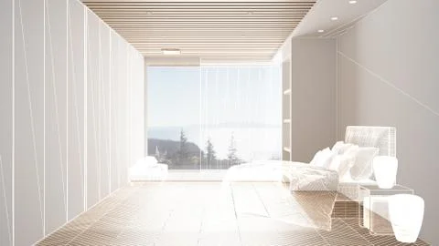Empty white interior with parquet floor, custom architecture design project,  Stock Illustration