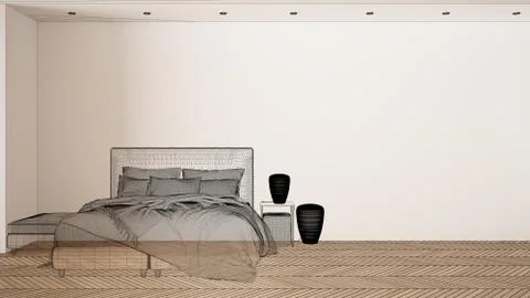 Empty white interior with parquet floor and big panoramic window, custom arch Stock Illustration
