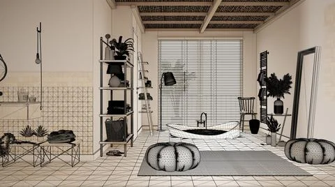 Empty white interior with parquet floor, custom architecture design project,  Illustrazione stock