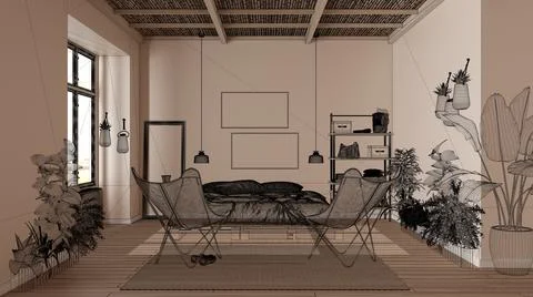 Empty white interior with parquet floor and big panoramic window, custom arch Stock Illustration