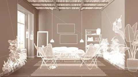 Empty white interior with parquet floor and big panoramic window, custom arch Stock Illustration