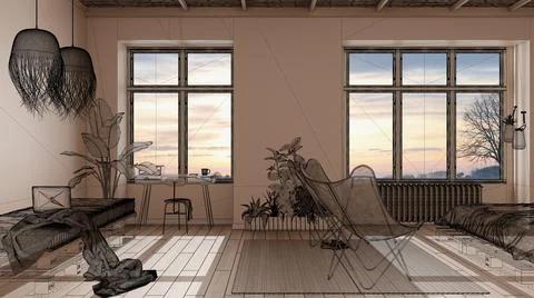 Empty white interior with parquet floor and big panoramic window, custom arch Stock Illustration