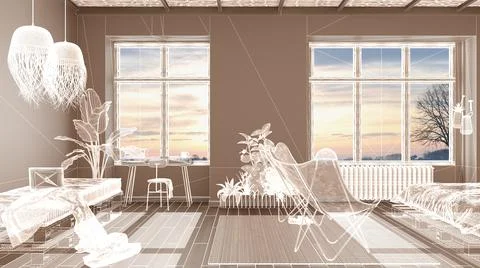 Empty white interior with parquet floor and big panoramic window, custom arch Stock Illustration