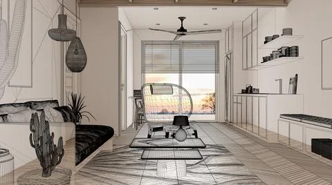 Empty white interior with parquet floor and big panoramic window, custom arch Stock Illustration