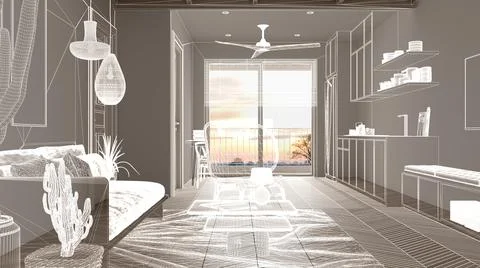 Empty white interior with parquet floor and big panoramic window, custom arch Stock Illustration