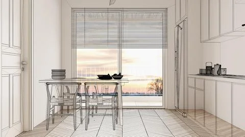 Empty white interior with parquet floor and big panoramic window, custom arch Stock Illustration