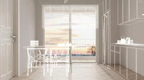 Empty white interior with parquet floor and big panoramic window, custom arch Stock Illustration