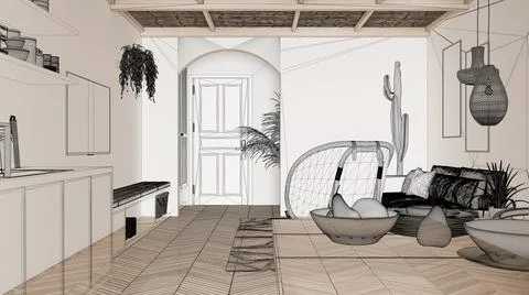 Empty white interior with parquet floor, custom architecture design project,  Stock Illustration