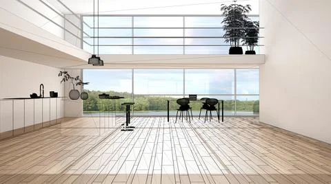 Empty white interior with parquet floor and big panoramic window, custom arch Stock Illustration