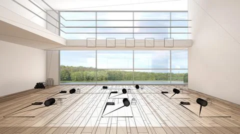 Empty white interior with parquet floor and big panoramic window, custom arch Stock Illustration