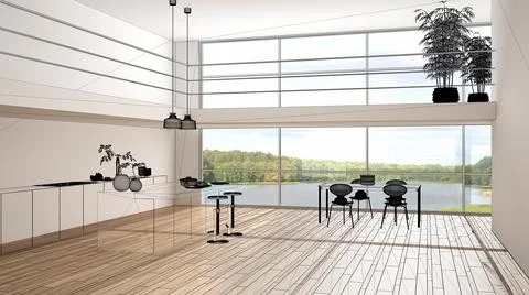 Empty white interior with parquet floor and big panoramic window, custom arch Stock Illustration