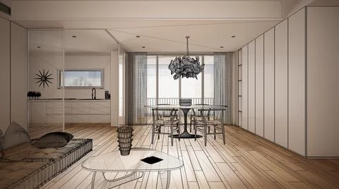 Empty white interior with parquet floor and big panoramic window, custom arch Illustrazione stock
