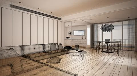Empty white interior with parquet floor and big panoramic window, custom arch Stock Illustration