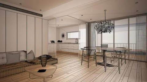 Empty white interior with parquet floor and big panoramic window, custom arch Stock Illustration