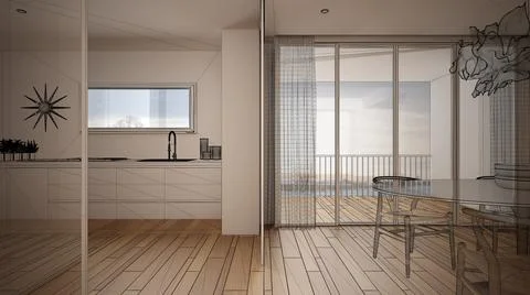 Empty white interior with parquet floor and big panoramic window, custom arch Stock Illustration