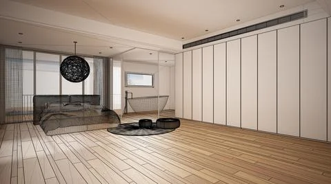 Empty white interior with parquet floor and big panoramic window, custom arch Stock Illustration