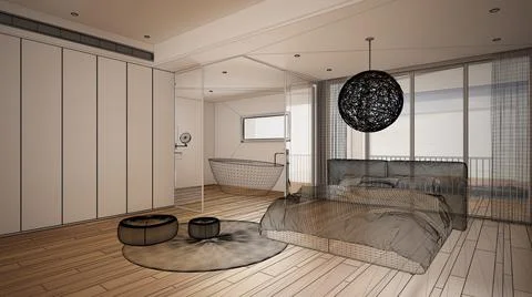 Empty white interior with parquet floor and big panoramic window, custom arch Stock Illustration