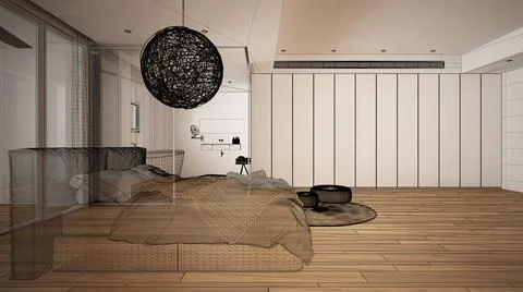 Empty white interior with parquet floor and big panoramic window, custom arch Illustrazione stock