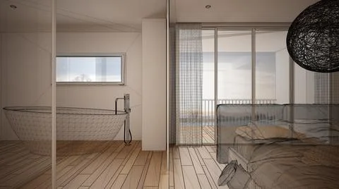 Empty white interior with parquet floor and big panoramic window, custom arch Stock Illustration