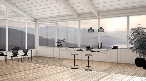 Empty white interior with parquet floor and panoramic window with mountains,  Illustrazione stock