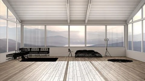 Empty white interior with parquet floor and panoramic window with mountains,  Stock Illustration