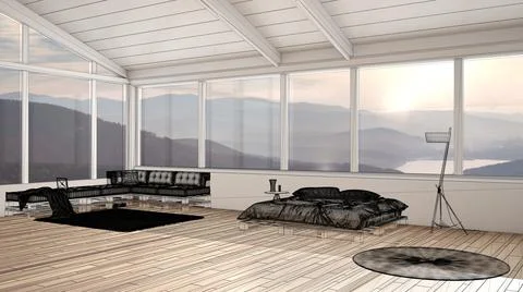 Empty white interior with parquet floor and panoramic window with mountains,  Stock Illustration