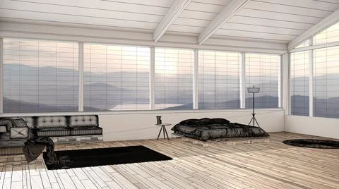 Empty white interior with parquet floor and panoramic window with mountains,  Stock Illustration