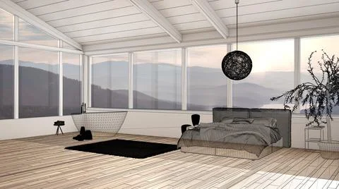 Empty white interior with parquet floor and panoramic window with mountains,  Illustrazione stock