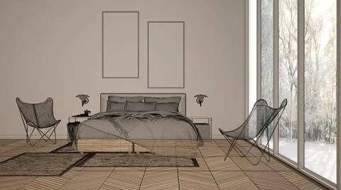 Empty white interior with parquet floor and big panoramic windows, custom arc Stock Illustration