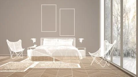 Empty white interior with parquet floor and big panoramic windows, custom arc Stock Illustration