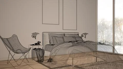 Empty white interior with parquet floor and big panoramic windows, custom arc Illustrazione stock