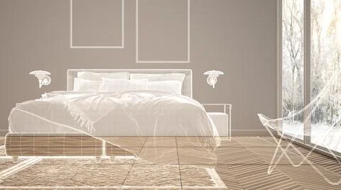 Empty white interior with parquet floor and big panoramic windows, custom arc Stock Illustration
