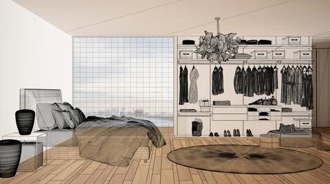 Empty white interior with parquet floor and big panoramic window, custom arch Stock Illustration
