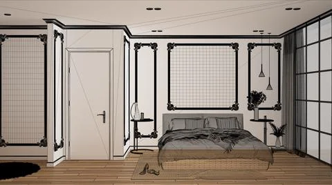 Empty white interior with parquet floor and white walls with moldings, custom Illustrazione stock
