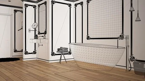 Empty white interior with parquet floor and white walls with moldings, custom Illustrazione stock