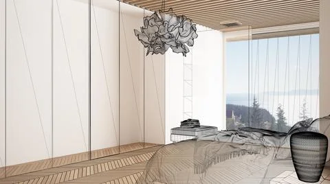 Empty white interior with parquet floor and big panoramic window, custom arch Stock Illustration