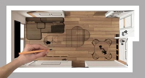 Empty white interior with parquet floor, hand drawing custom architecture des Stock Illustration