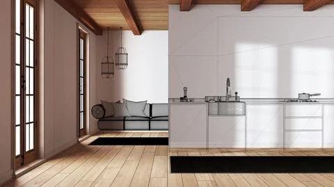 Empty white interior with parquet floor, custom architecture design, black .. Stock Illustration