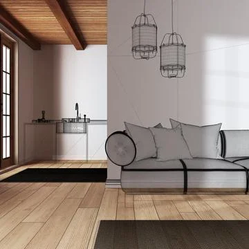 Empty white interior with parquet floor, custom architecture design, black .. Illustrazione stock