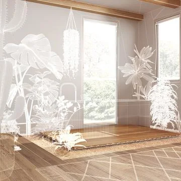 Empty white interior with parquet floor and windows, custom architecture de.. Illustrazione stock