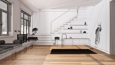 Empty white interior with parquet floor, custom architecture design project.. Illustrazione stock