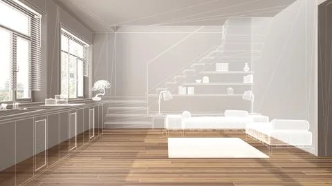Empty white interior with parquet floor, custom architecture design project.. Stock Illustration