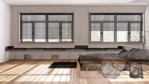 Empty white interior with parquet floor, custom architecture design project.. Illustrazione stock