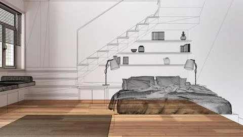 Empty white interior with parquet floor, custom architecture design project.. Illustrazione stock