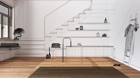 Empty white interior with parquet floor, custom architecture design project.. Illustrazione stock